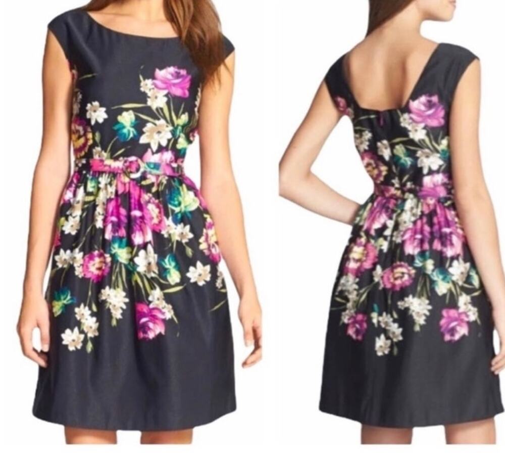 Eliza J Black Floral Swing Dress 6 Belted Sleeveless